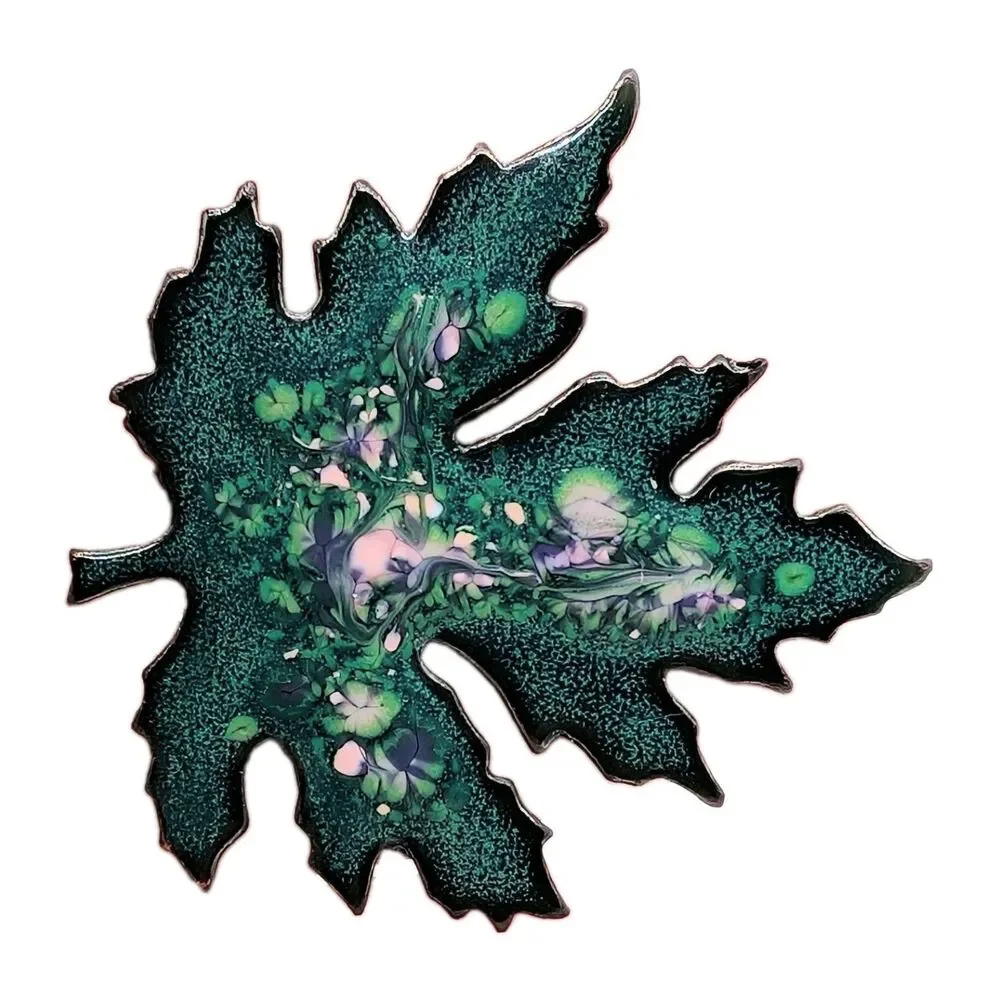 Vintage Green Enamel on Copper Maple Leaf Brooch Pin Metal 2